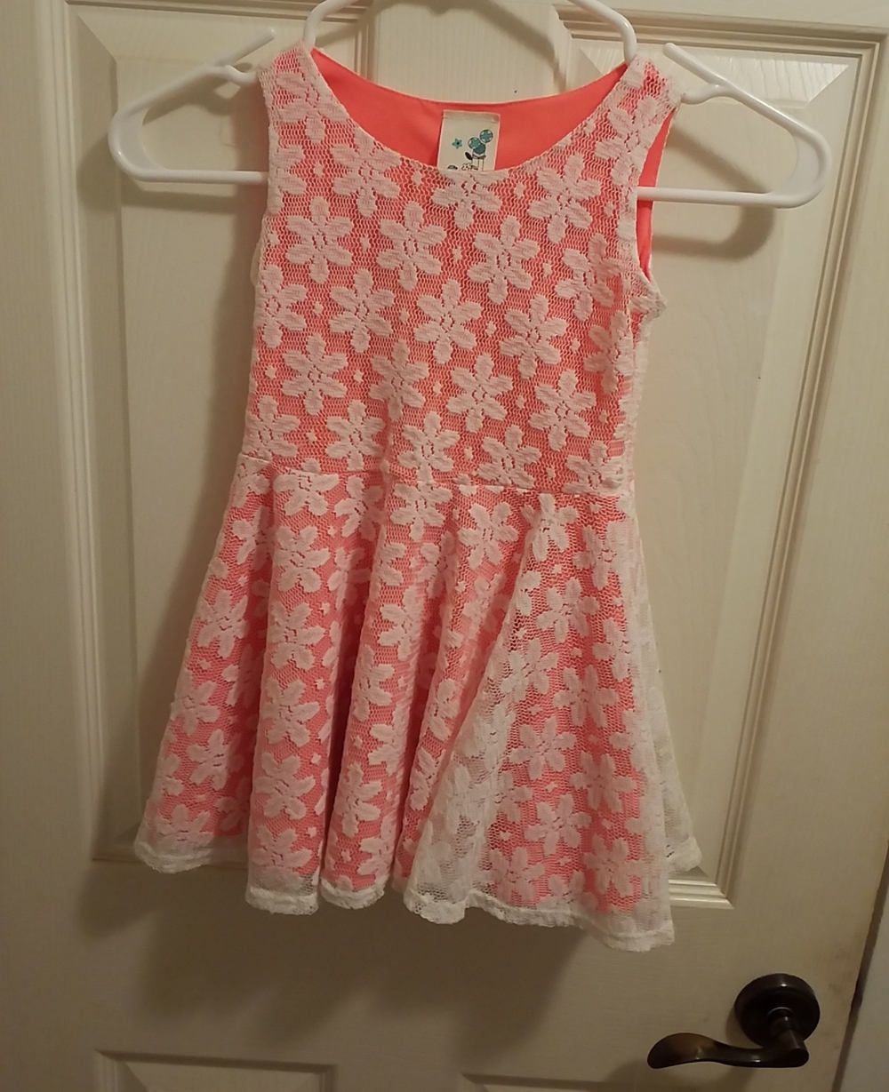 Lily Bleu Coral Pink Dress with White Floral Lace Overlay